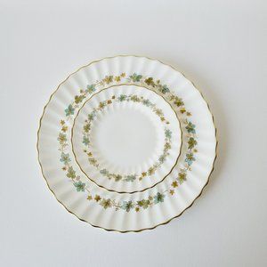 Royal Doulton Piedmont Dinner & Bread Plate Set, Green Gold Leaves Swirl Rim VTG